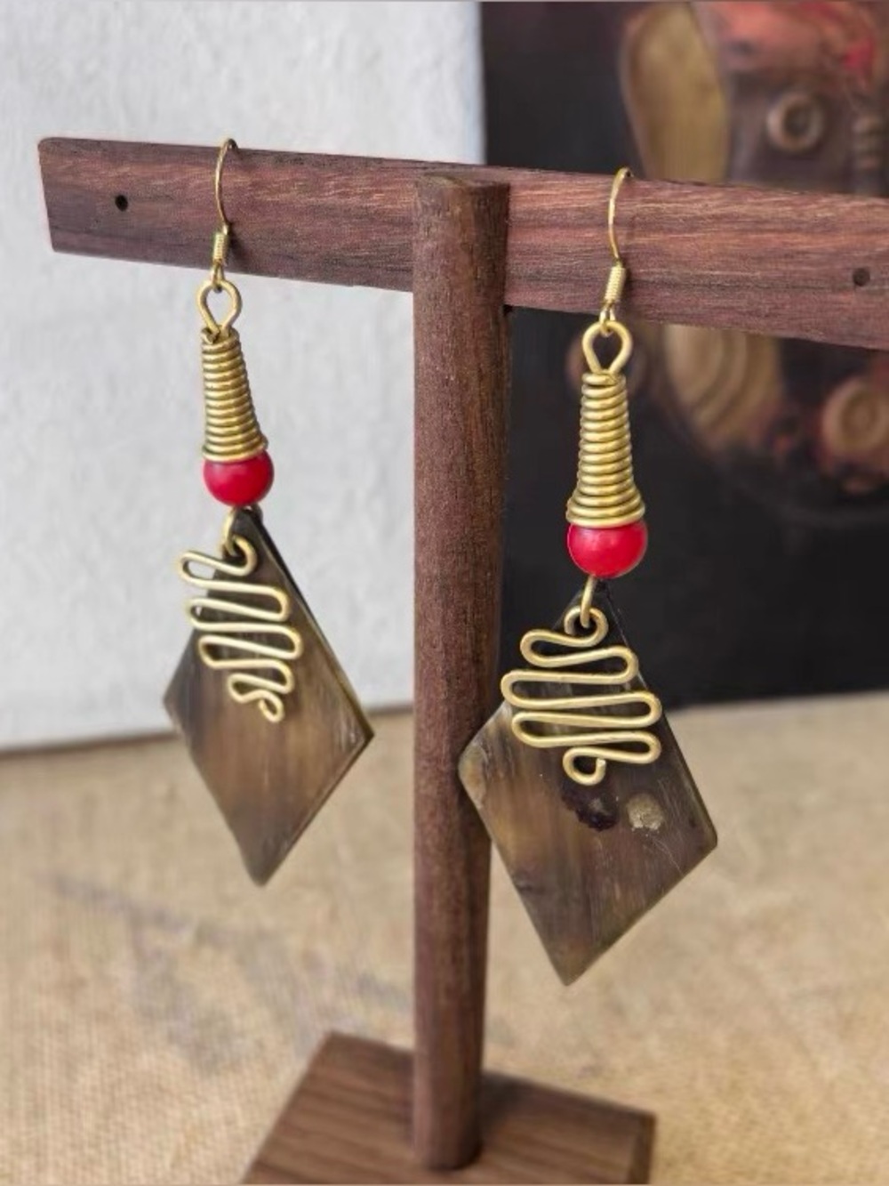 Handmade in Africa Brass & Red Bead Drop Earrings